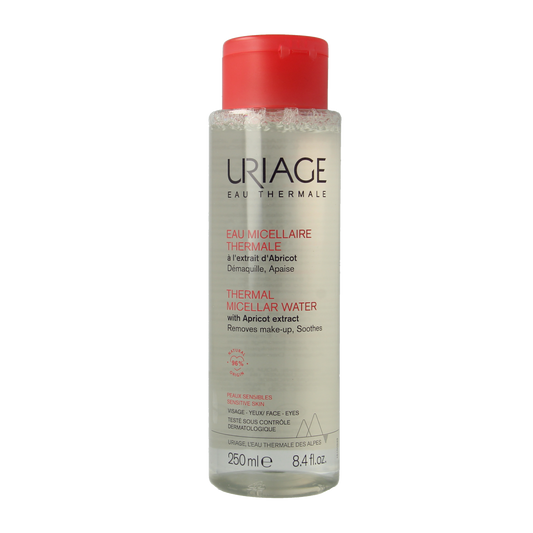 Uriage Thermaal Micellar Water for sensitive skin, 250ml, facial skincare product with soothing mineral water in a clear bottle.