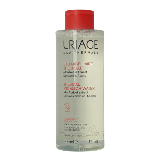 Uriage Thérmaal Micellar Water for sensitive skin in a 500ml bottle, gentle facial cleansing and makeup removal.