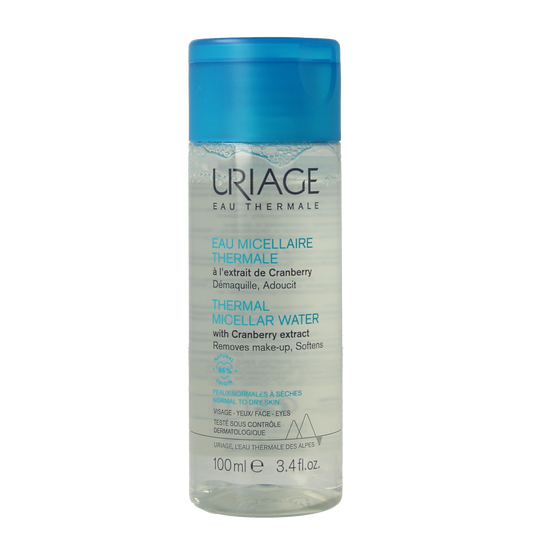 Uriage Thermaal Micellar Water for normal to dry skin in a 100ml bottle, gentle facial cleansing product by Uriage.