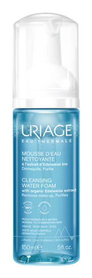 Uriage Thermal Water Reinigingswater Mousse in 150ml, facial skincare product with foaming texture and hydrating properties.