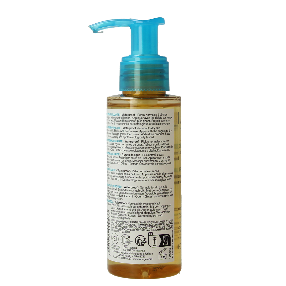 Uriage Thermaal Water Make-up Verwijder Olie in 100ml bottle, gezichtsverzorging product with a blue and white label, close-up view.