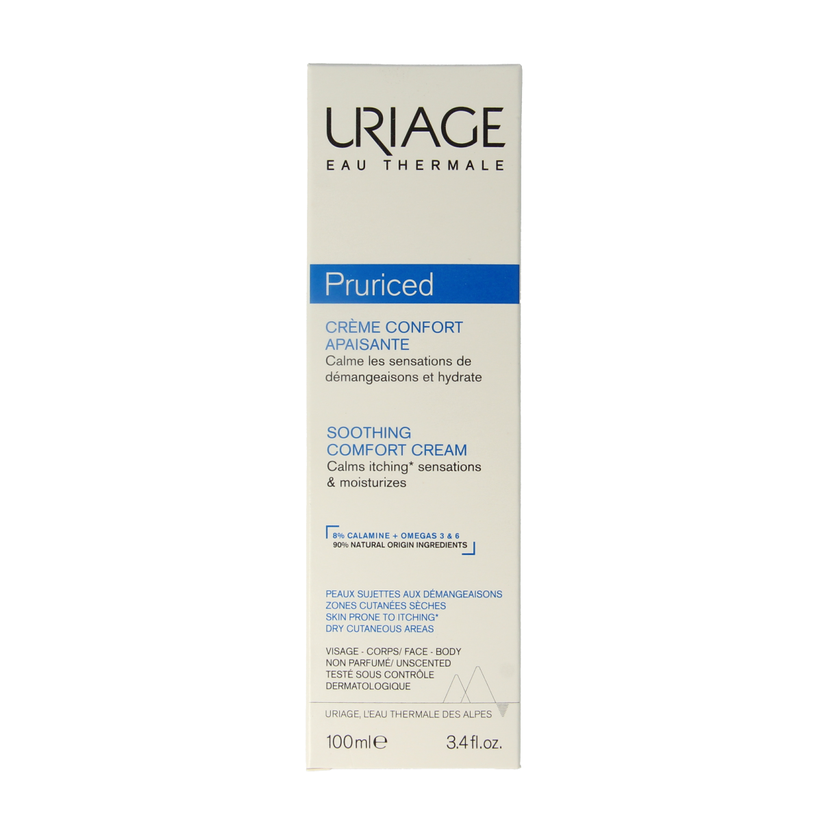 Uriage Pruriced body cream in 100ml tube, moisturizing and soothing skin care product for itchy or irritated skin.