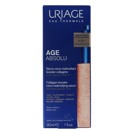 Uriage Age Absolu Collagenbooster serum 30ml, facial skincare product with a sleek bottle and applicator for youthful skin.