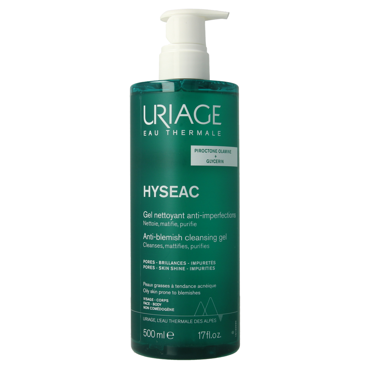 Uriage Hyseac facial cleansing gel in 500ml bottle, gentle skincare for acne-prone skin, Uriage Gezichtsverzorging product.