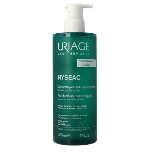 Uriage Hyseac facial cleansing gel in 500ml bottle, gentle skincare for acne-prone skin, Uriage Gezichtsverzorging product.