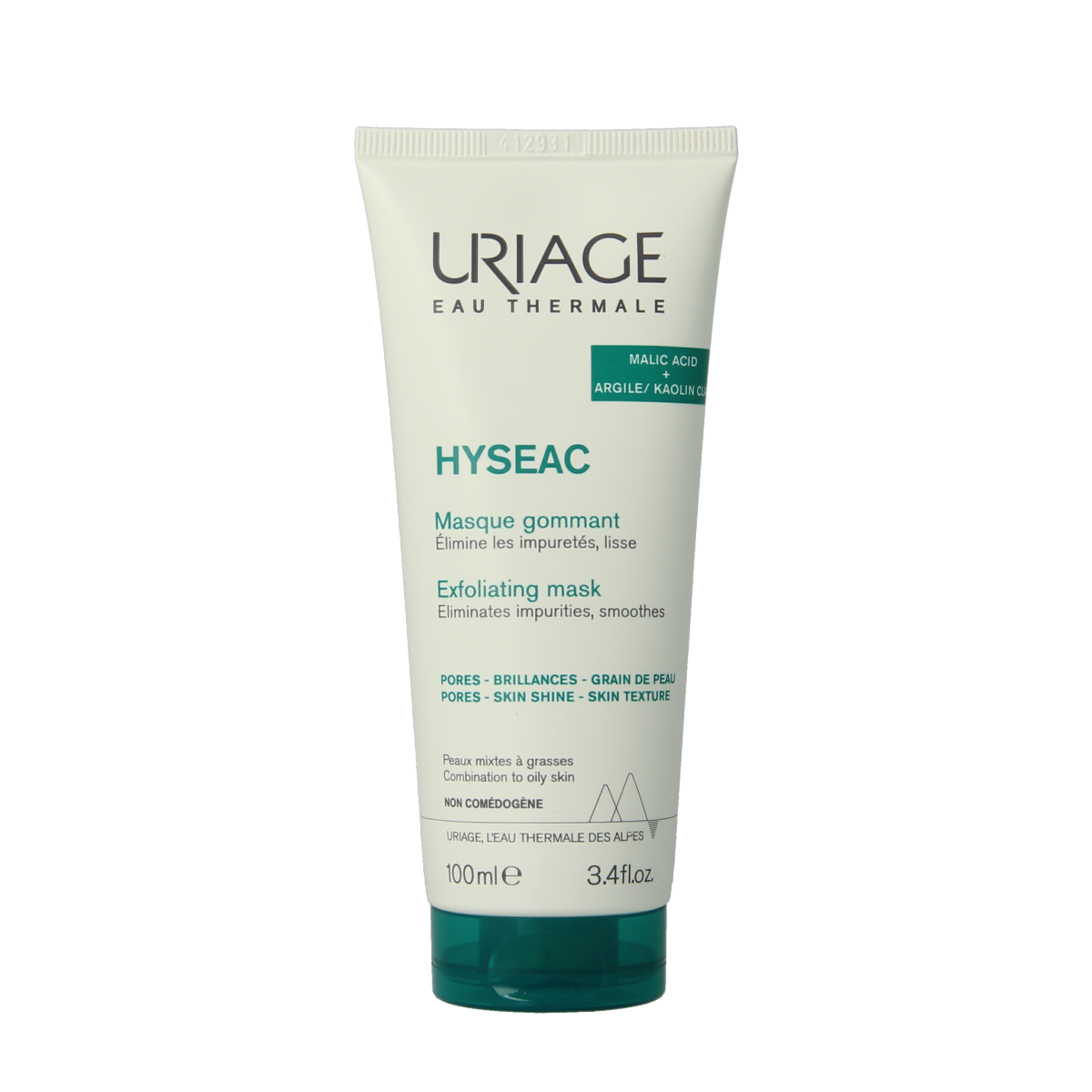 Uriage Hyseac exfoliating facial mask in 100ml tube, suitable for skincare and deep cleansing.