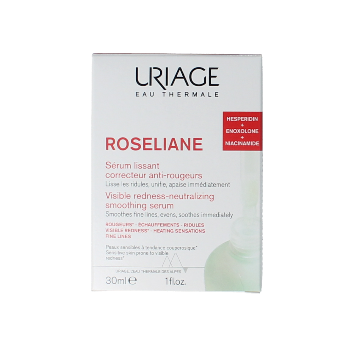 Uriage Roseliane face serum in a 30ml bottle, designed for sensitive skin and redness relief.