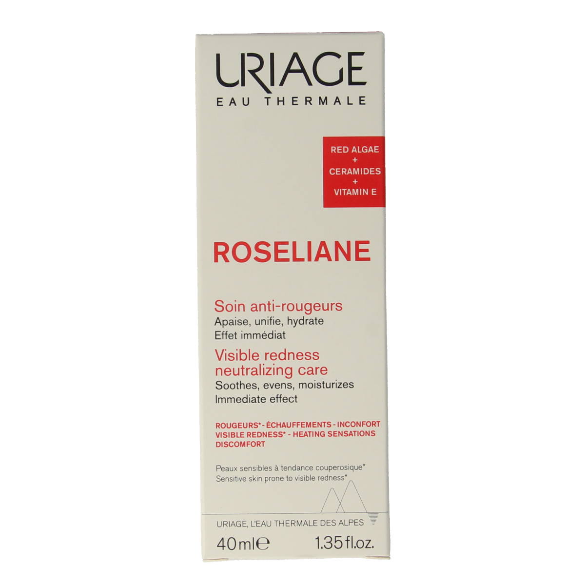 Uriage Roseliane anti-redness face cream in a 40ml jar, designed for sensitive, reddened skin, with a smooth, creamy texture.