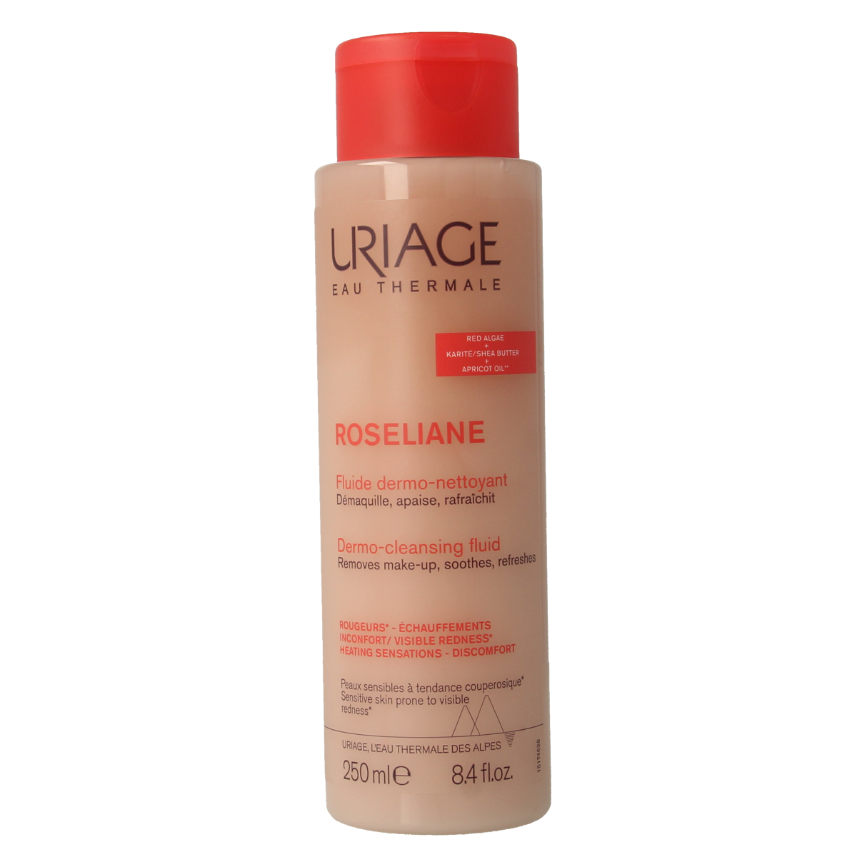 Uriage Roseliane Fluide Dermo facial moisturizer in 250ml, featuring a white bottle with a blue cap and label.