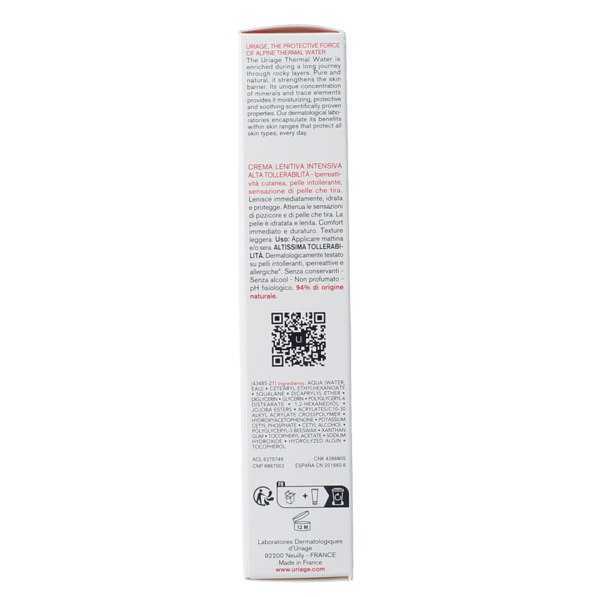 Uriage Tolederm Control soothing facial care cream in 40ml tube, designed for sensitive skin relief and hydration.