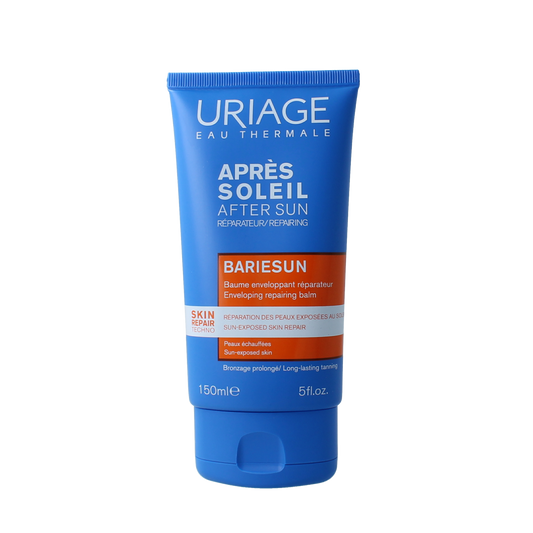 Uriage Bariesun aftersun repair balm in a 150ml tube, designed for soothing and repairing sun-exposed skin.