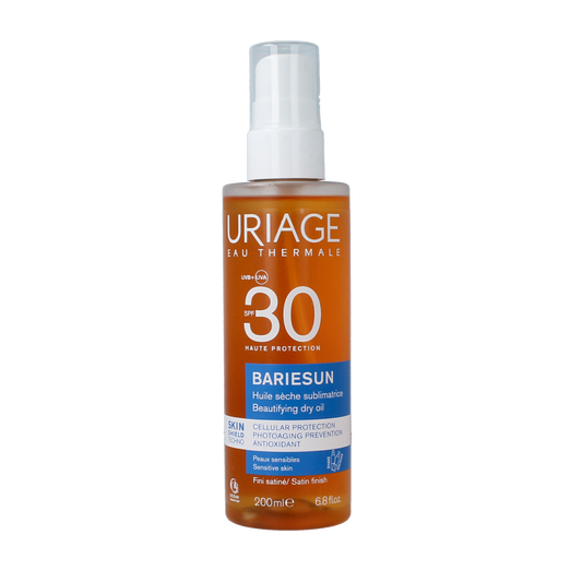 Uriage Bariesun SPF30 spray sunscreen bottle, 200ml, with a white and blue design and spray nozzle for easy application.