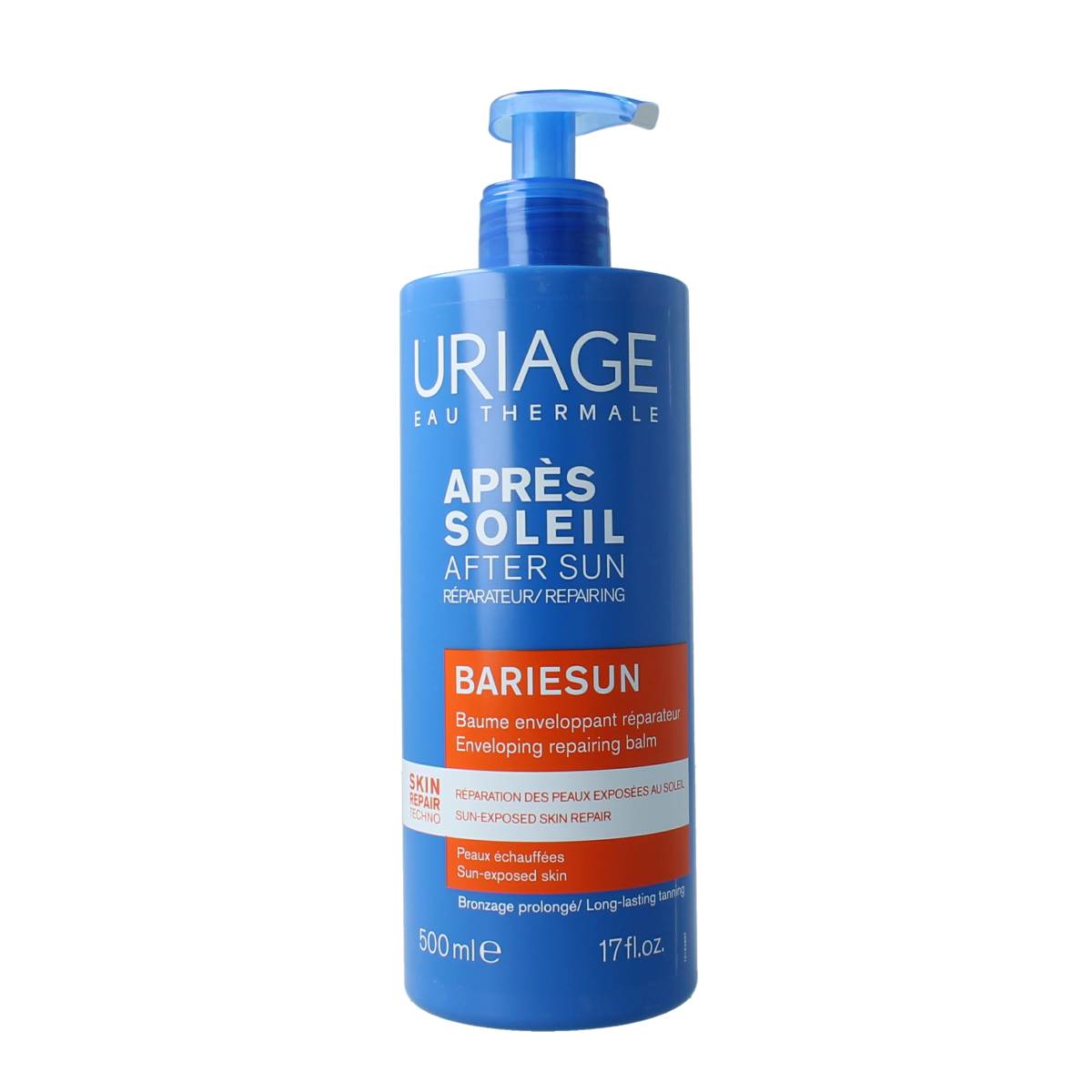 Uriage Bariesun aftersun balm in a 500ml tube, designed to soothe and hydrate skin after sun exposure.