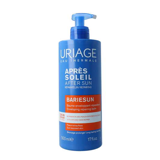 Uriage Bariesun aftersun balm in a 500ml tube, designed to soothe and hydrate skin after sun exposure.
