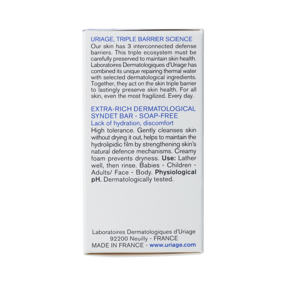 Uriage DERM-PHY pain surgras dermatological soap bar, 100g, gentle cleanser for sensitive skin, with hydrating properties.