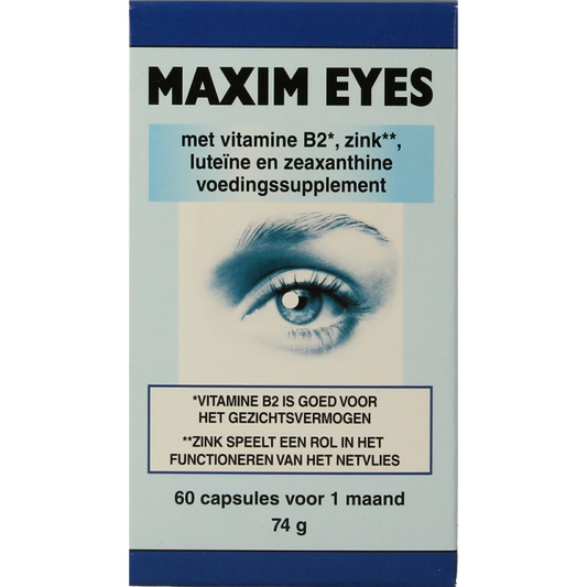 Horus Maxim Eyes vegetarian multi-vitamin capsules displayed in a clear container, emphasizing natural ingredients for eye health.