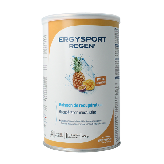 Nutergia Ergysport Regen Exotisch amino acids supplement in a 450g container, featuring colorful exotic fruit flavor design.