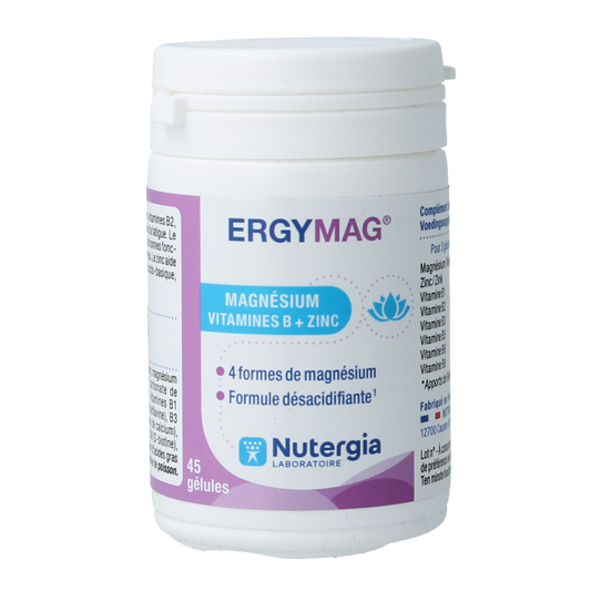 Nutergia Ergymag mineral capsules, multi-mineral supplement in a clear bottle with capsules visible inside.