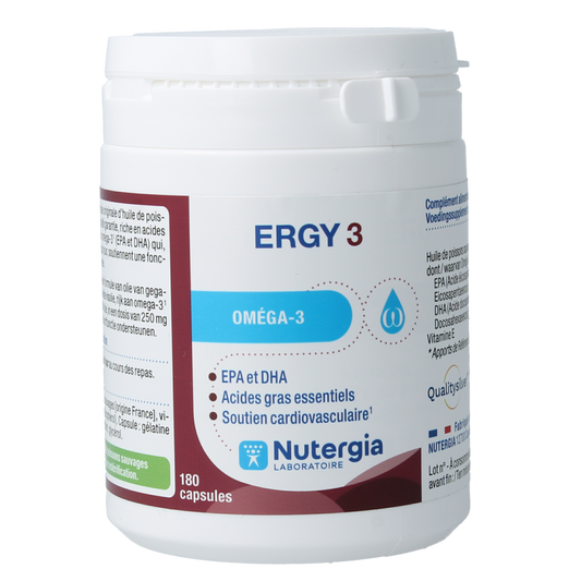 Nutergia Ergy 3 Vetzuren capsules bottle with label, showing 180 capsules of nutritional supplement.