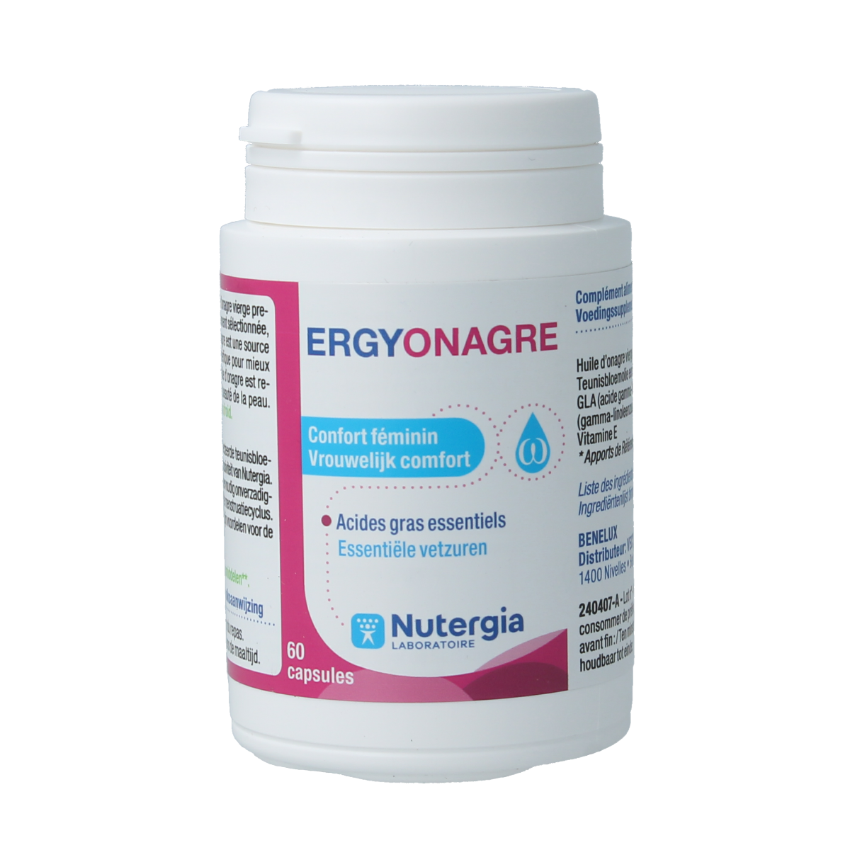 Nutergia Ergyonagre Vetzuren capsules in a white bottle with blue label and capsules visible inside.