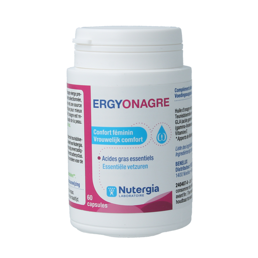 Nutergia Ergyonagre Vetzuren capsules in a white bottle with blue label and capsules visible inside.