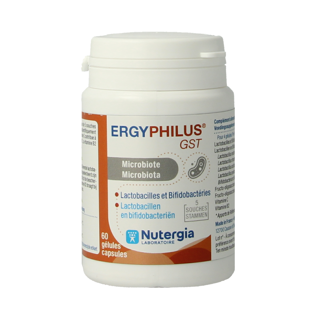 Nutergia Ergyphilus GST capsules, probiotic supplement in a white bottle with green and blue label, designed for gut health.