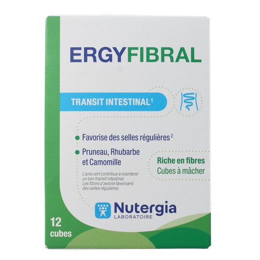 Nutergia Ergyfibral dietary supplement with fibers and enzymes, shown in packaging, supports digestive health.