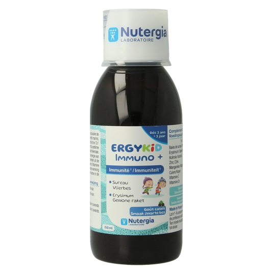 Nutergia Ergykid Immuno+ herbal supplement bottle, 150ml, with colorful label and dropper cap, for children's immune support.
