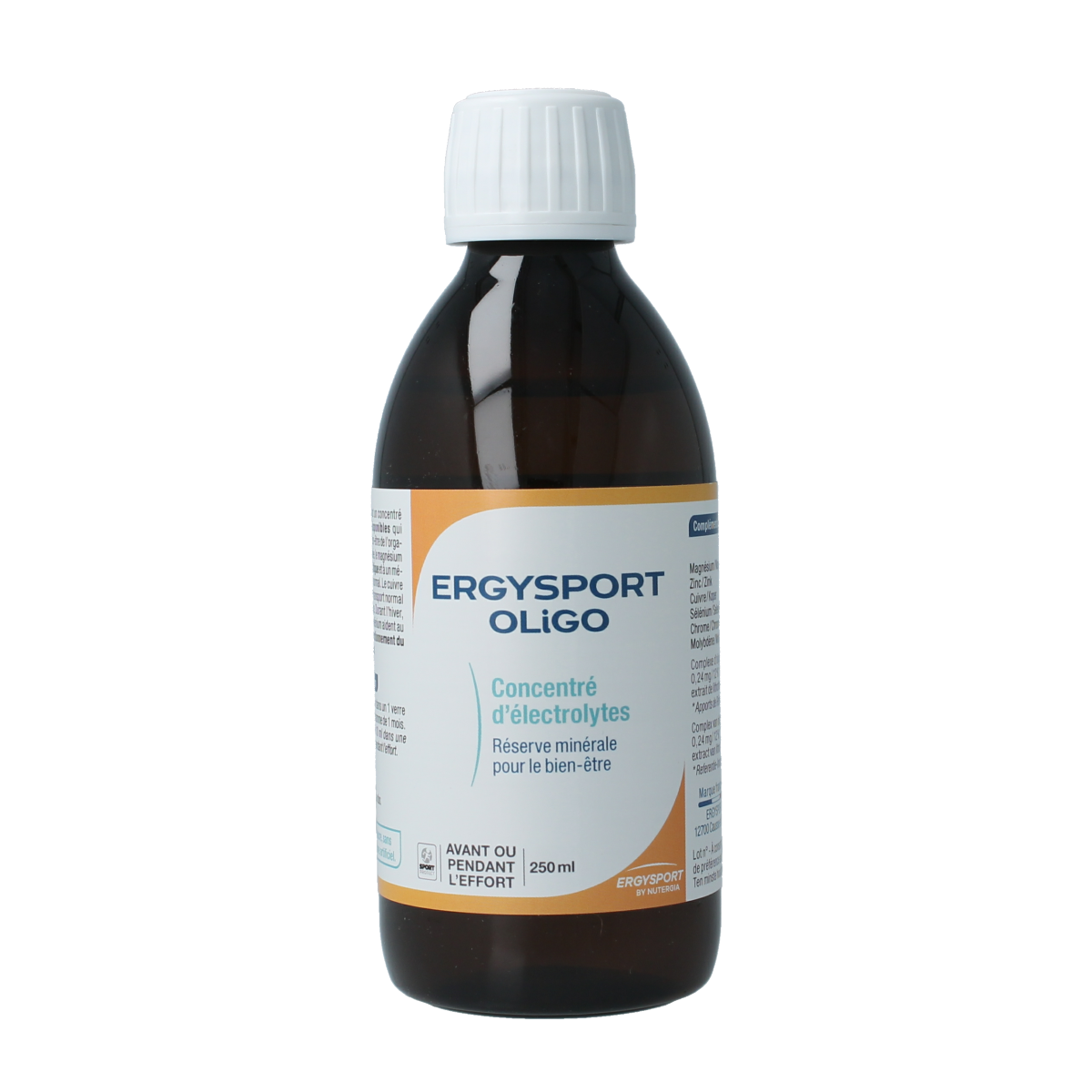Nutergia Ergysport Oligo mineral supplement in a 450g container, showing the label and product packaging.