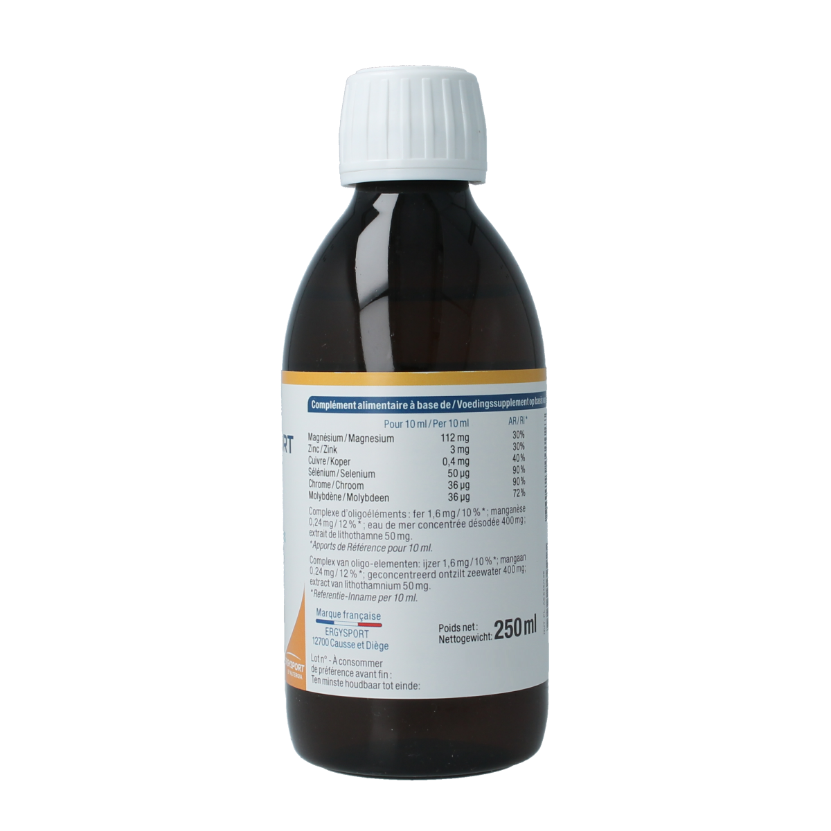 Nutergia Ergysport Oligo mineral supplement in 450g container, showing the product label and packaging.