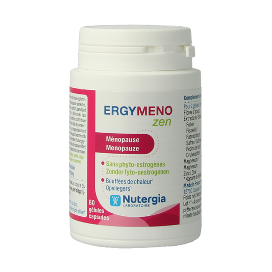 Nutergia Ergymeno Zen herbal supplement capsules in a bottle, natural herbal remedy for relaxation and well-being.