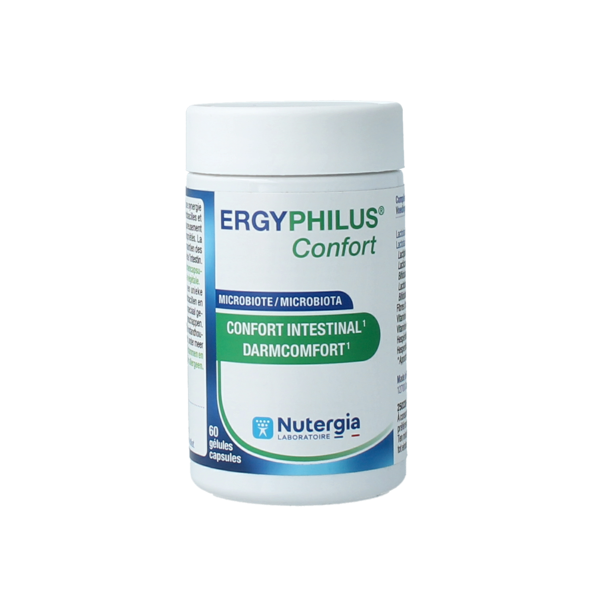 Nutergia Ergyphilus Confort probiotic capsules in a bottle, dietary supplement for digestive comfort and gut health.