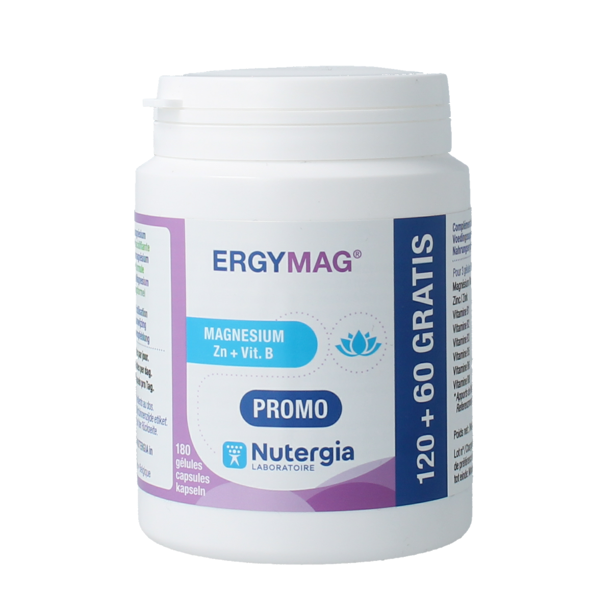 Nutergia Ergymag mineral capsules, dietary supplement with 180 magnesium and mineral capsules in a clear container.