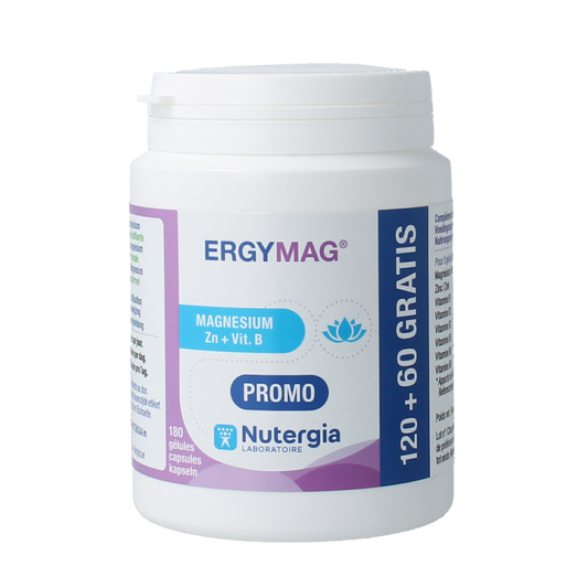 Nutergia Ergymag mineral capsules, dietary supplement with 180 magnesium and mineral capsules in a clear container.
