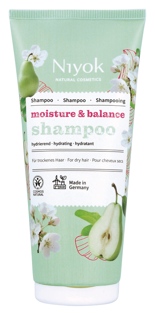 Niyok Moisture & Balance shampoo in 200ml tube, natural hair care product for nourishing and balancing hair moisture.