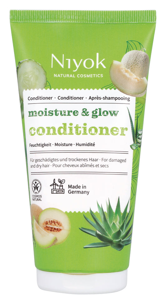 Niyok Moisture & Glow conditioner in a 150ml tube, designed for hair care and hydration.
