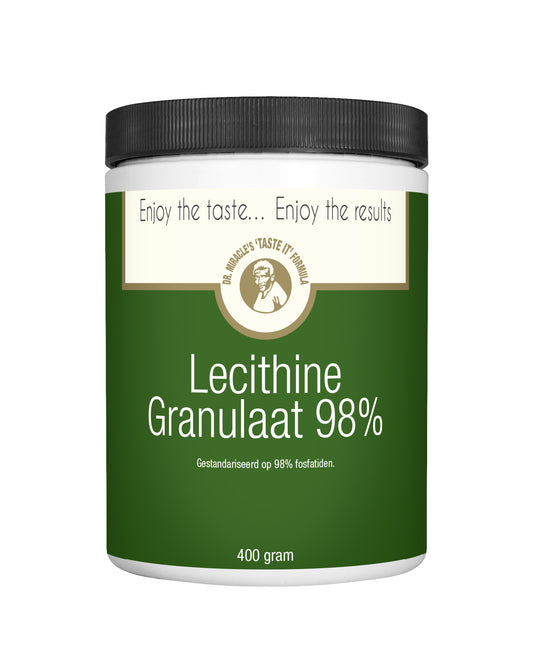 Dr. Miracle Lecithine Granulaat 98% supplement in a 400g container, showing the yellow lecithin granules in a clear jar.