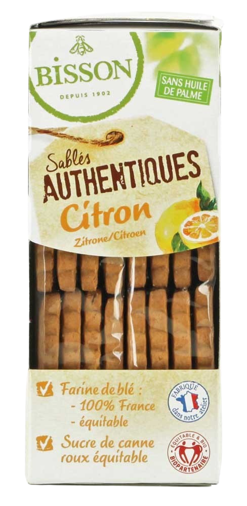 Bisson authentic lemon-flavored sand cookies in 183g package, showcasing golden baked cookies with lemon zest pieces.