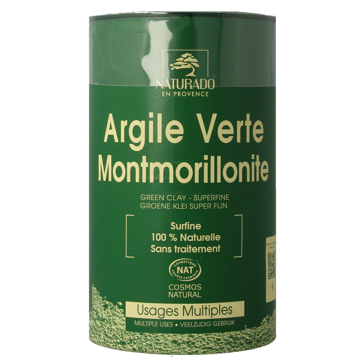 Naturado groene klei montmorillon fijn voor lichaamsverzorging, 300 gram, in een open container met groene klei zichtbaar.