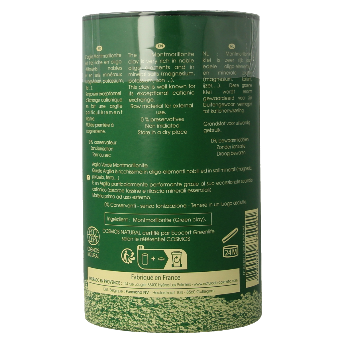 Naturado Groene Klei Montmorillon fijn, 300g, lichaamsverzorging met natuurlijke groene klei in een open pot, close-up.
