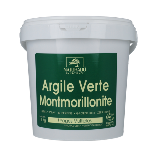 Naturado groene klei montmorillon in emmer, 1 kg, voor lichaamsverzorging, natuurlijke klei met groene tint in grote container