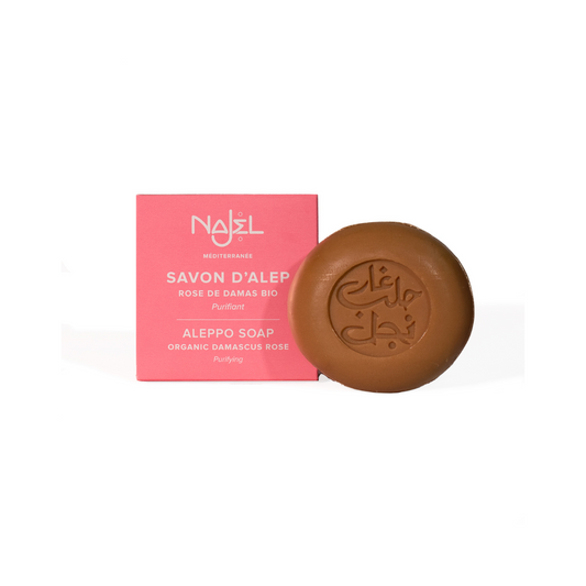 Najel Aleppo Zeep Damascus Rose soap bar, 100g, with natural rose scent and traditional Aleppo soap ingredients.
