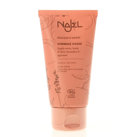 Najel Aleppo gezichtsscrub Oriental Sweetness in 75ml tube, natural facial skincare product with exfoliating properties.
