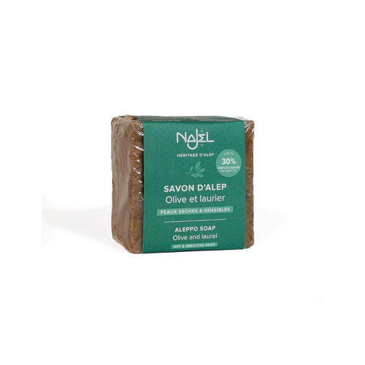 Najel Aleppo olive oil soap bar, 170g, natural traditional soap with 30% olive oil content, showing the soap's texture and packaging.