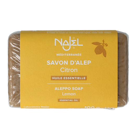 Najel Aleppo olive and lemon-lime soap bar, 100g, with natural textured surface and packaging featuring citrus illustrations.