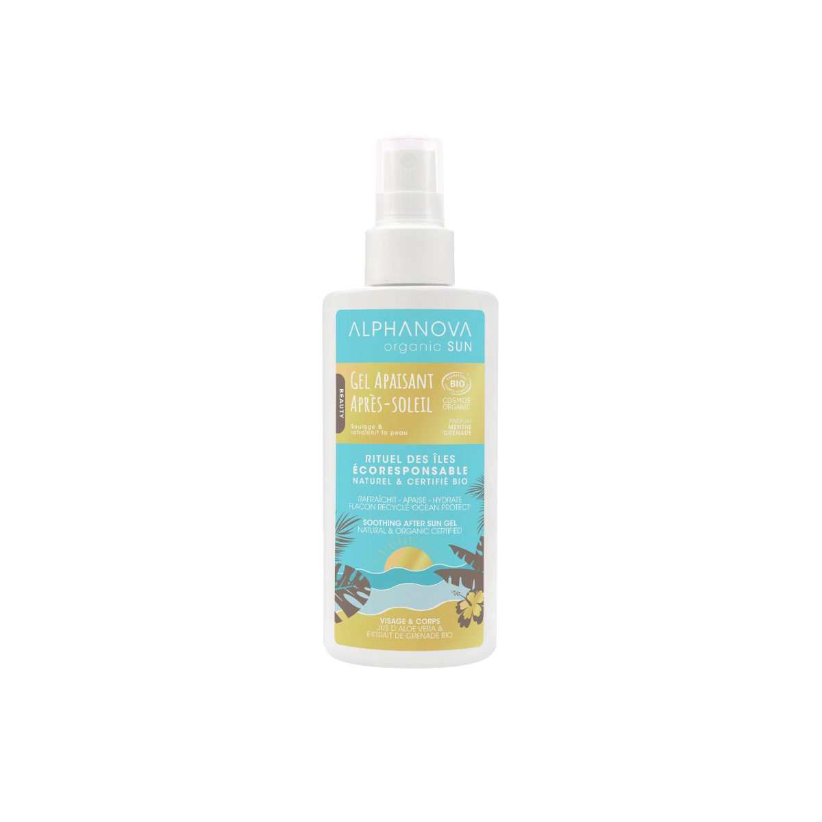 Alphanova Sun organic soothing after-sun gel in 125ml tube, designed to calm and hydrate sun-exposed skin naturally.