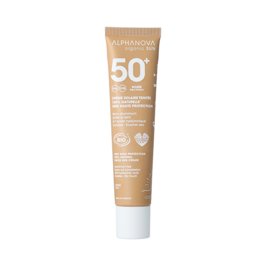 Alphanova Sun bio tinted sunscreen cream SPF50+ in a 40g tube, golden tinted, providing sun protection and a natural glow.