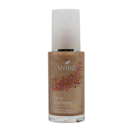 UVBIO Illuminating body oil in a 50ml bottle, featuring a sleek design and natural ingredients for nourishing body care.