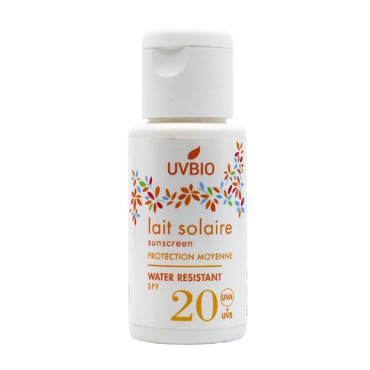 UVBIO Sunscreen bio SPF20 lotion in 50ml container, featuring a compact bottle with UV protection properties.