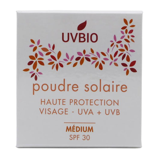 UVBIO Sun powder medium bio SPF30 Zonnen in 10g container, natural mineral sunscreen with UV protection.